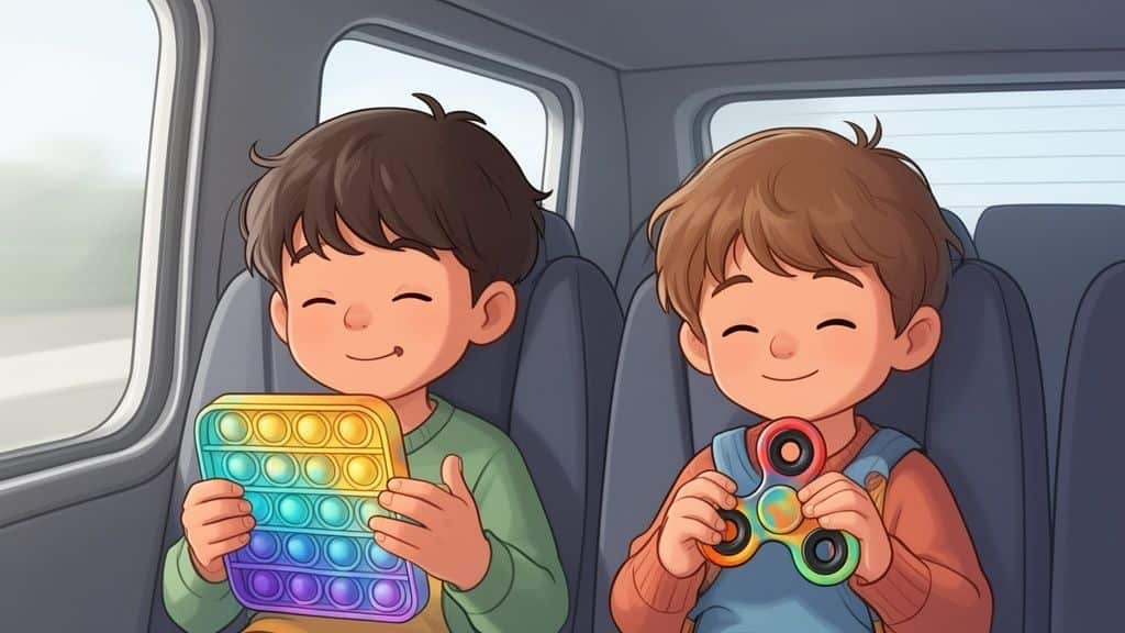 Twee vrolijke jonge jongens die in de auto met fidget toys spelen tijdens de vakantie.