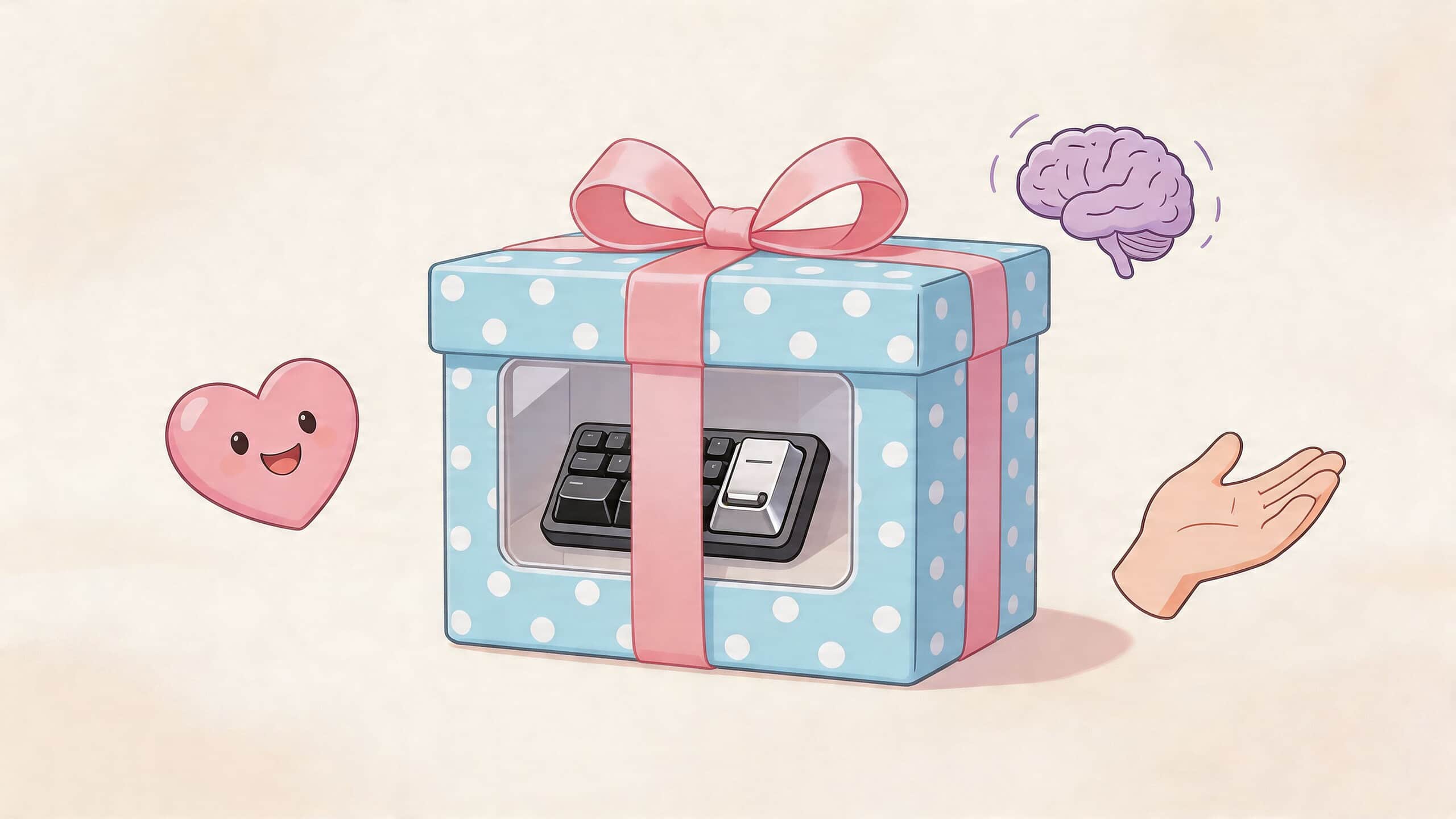 Een roze cadeauverpakking met een toetsenbord erin, vergezeld door een hartje, een hand en een brein illustratie.