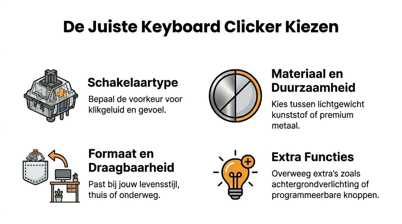 Een informatieve infographic in het Nederlands die vier belangrijke factoren toont voor het kiezen van een toetsenbord.