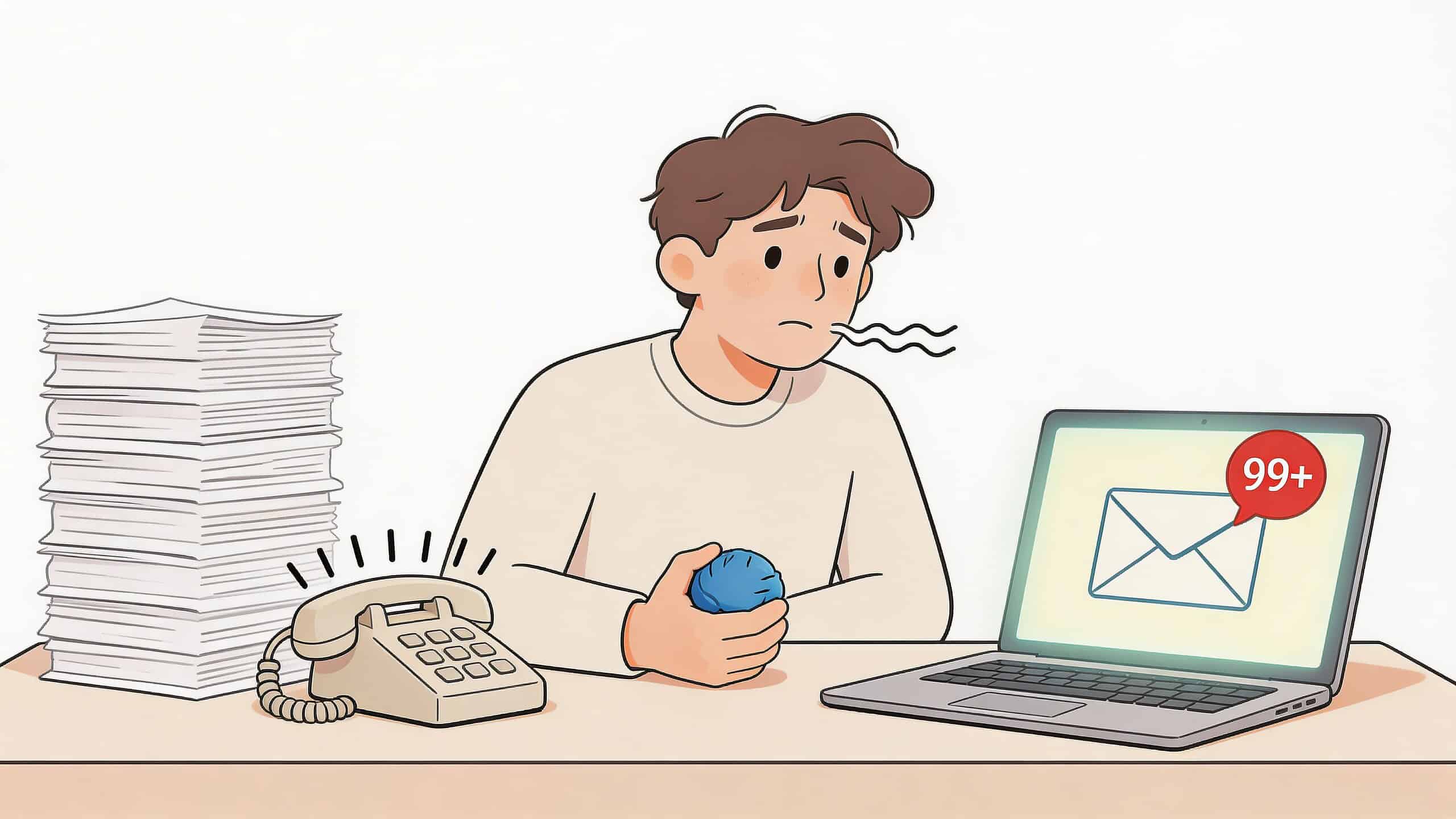 Een gestreste werknemer staart naar zijn laptop met een overvolle inbox en een hoge stapel papier documenten.