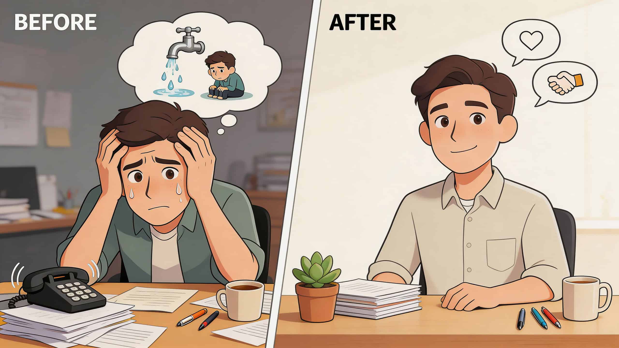 Een vergelijking van een gestresste werknemer naar een rustige, tevreden medewerker na het verminderen van werkstress.