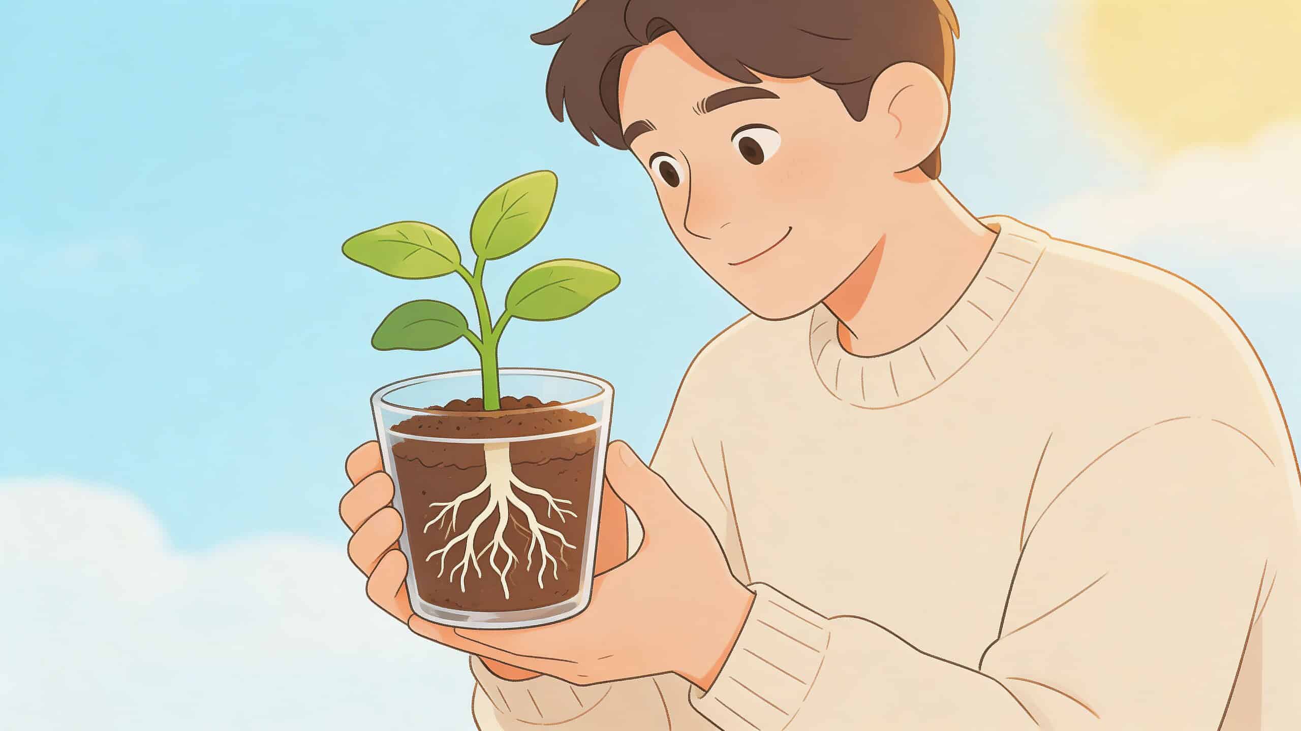 Een glimlachende jonge man houdt teder een klein plantje in een doorzichtige pot vast tegen een zonnige achtergrond.