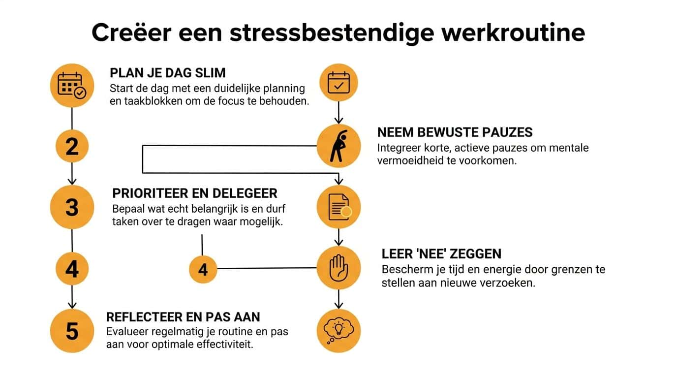 Een overzichtelijk schema met vijf stappen voor het creëren van een effectieve en stressbestendige werkroutine.