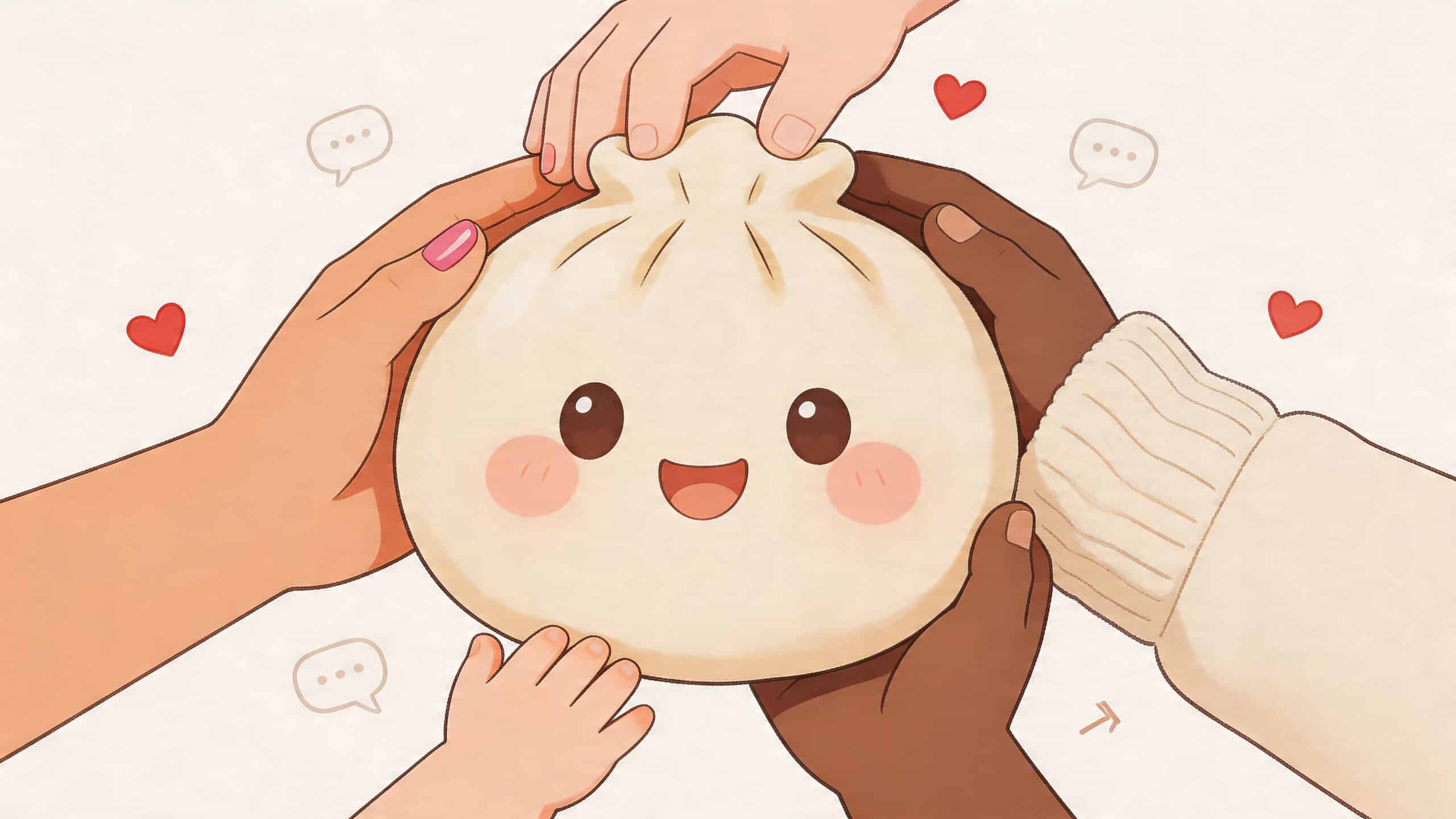 Illustratie van verschillende handen die liefdevol een schattige, lachende dumpling vasthouden met hartjes op de achtergrond.