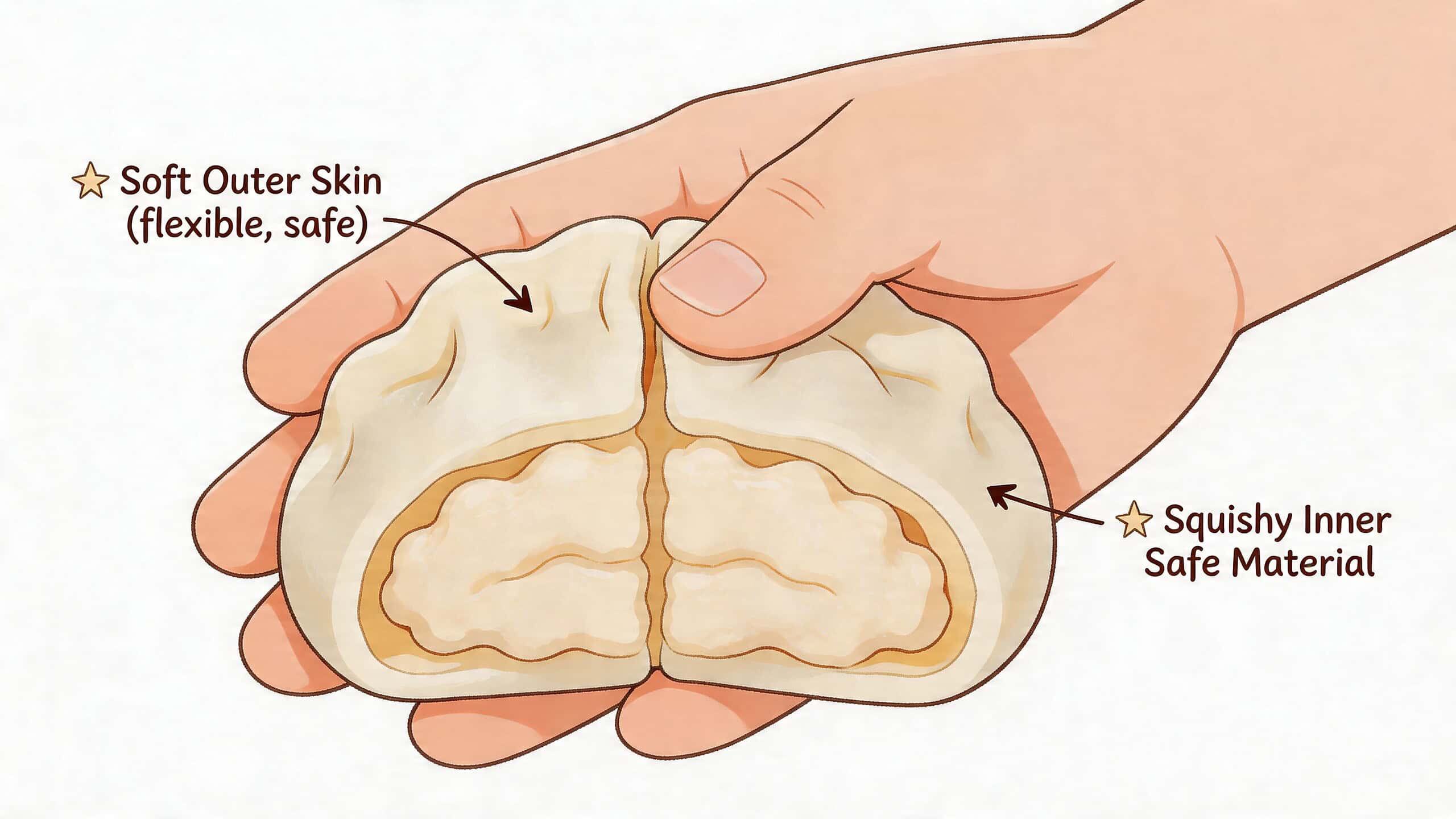 Een hand die een doorgesneden, zachte en squishy knoedelvormig speeltje van veilig materiaal laat zien.