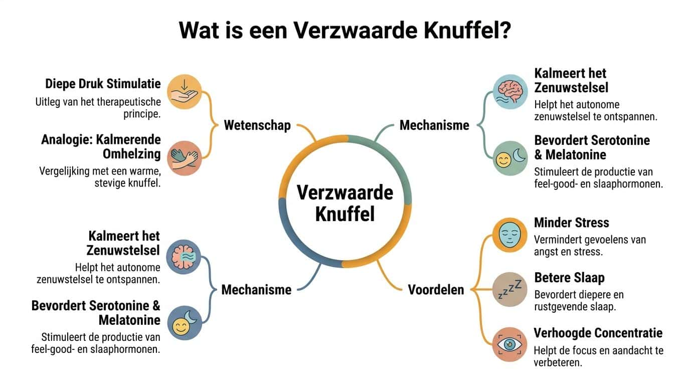 Een overzichtelijk schema over de werking en voordelen van een verzwaarde knuffel voor ontspanning en slaap.