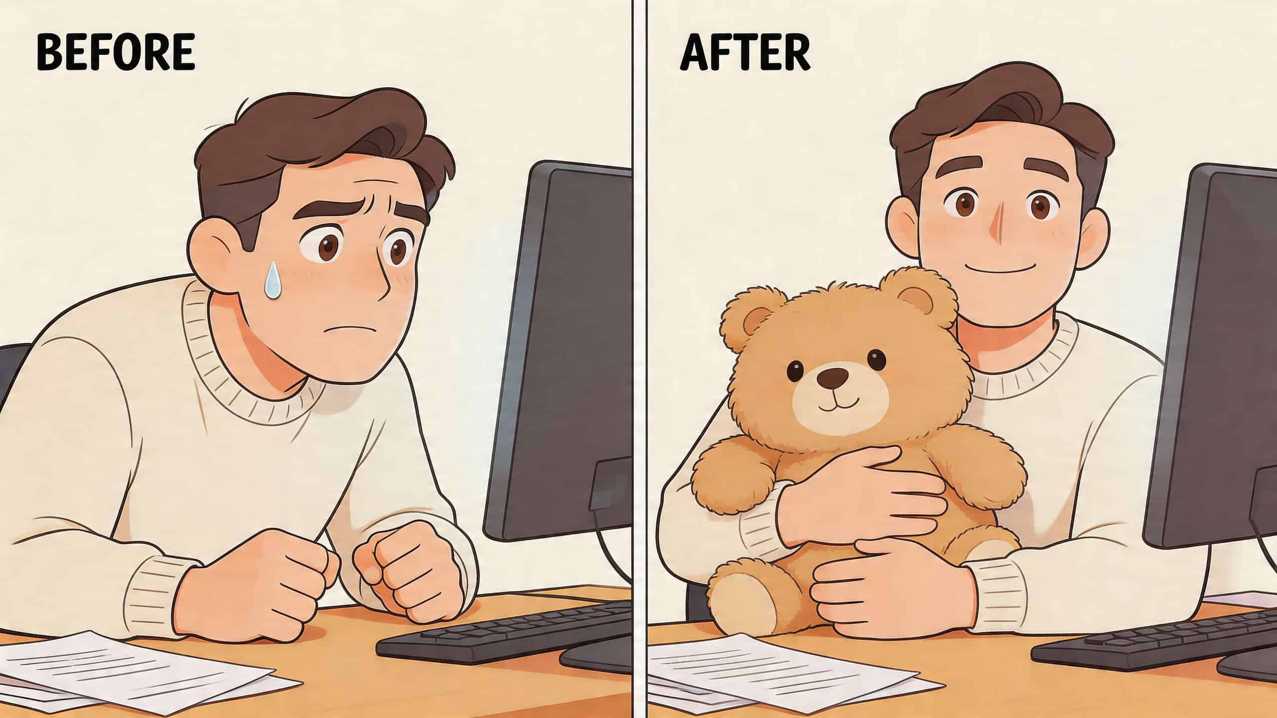 Een gestreste man die een verzwaarde knuffel omhelst terwijl hij voor een computer aan het werk is.