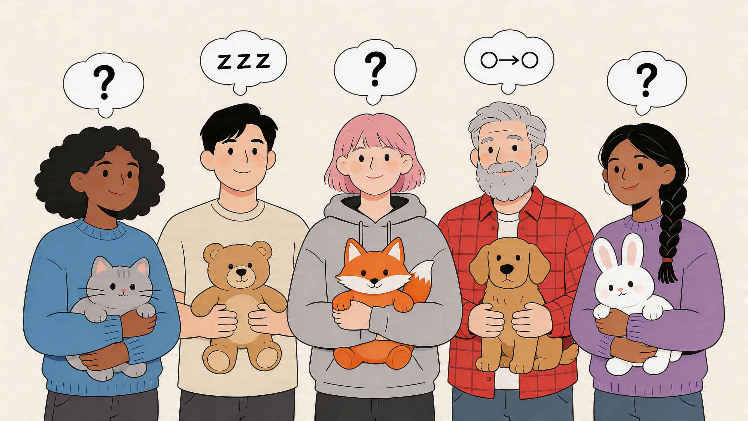 Vijf diverse mensen houden elk een zachte knuffel vast tegen een neutrale, lichte achtergrond met tekstballonnetjes.