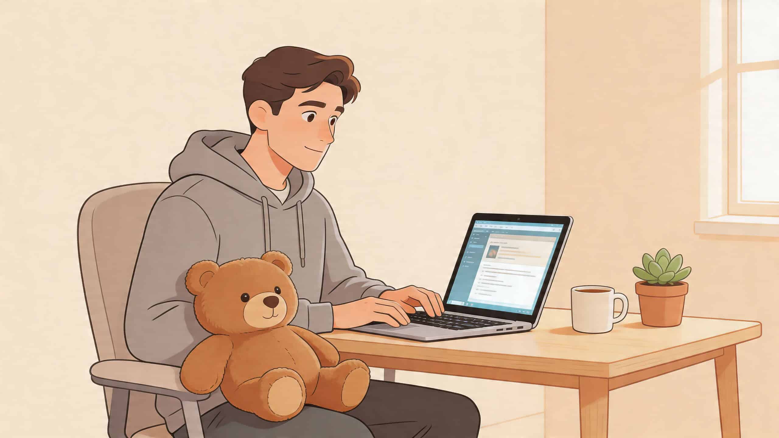 Een jonge man in een grijze hoodie zit met een bruine teddybeer op schoot aan een laptop.
