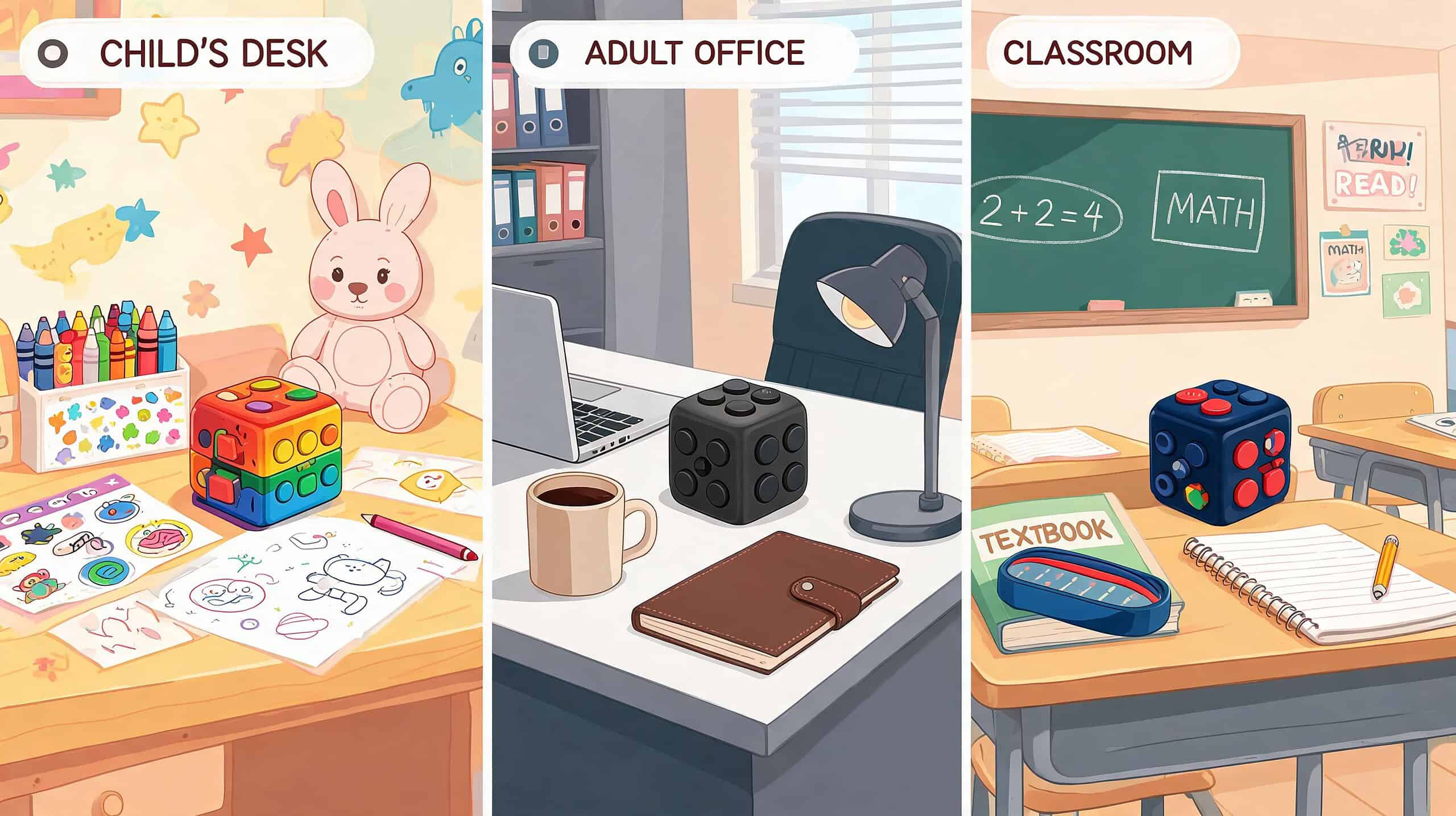 Drie verschillende omgevingen met fidget cubes op een bureau: een kinderkamer, een kantoor en een klaslokaal.