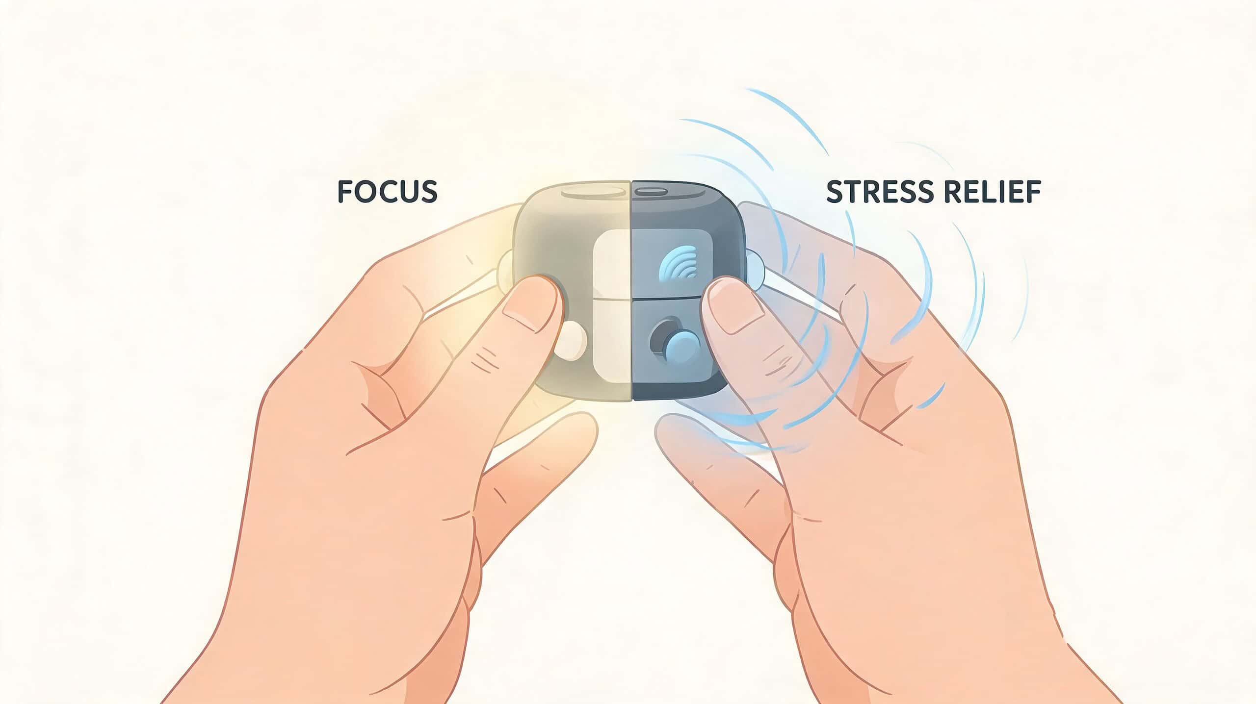 Illustratie van handen die een fidget cube vasthouden, met focus aan de ene kant en stressverlichting aan de andere.