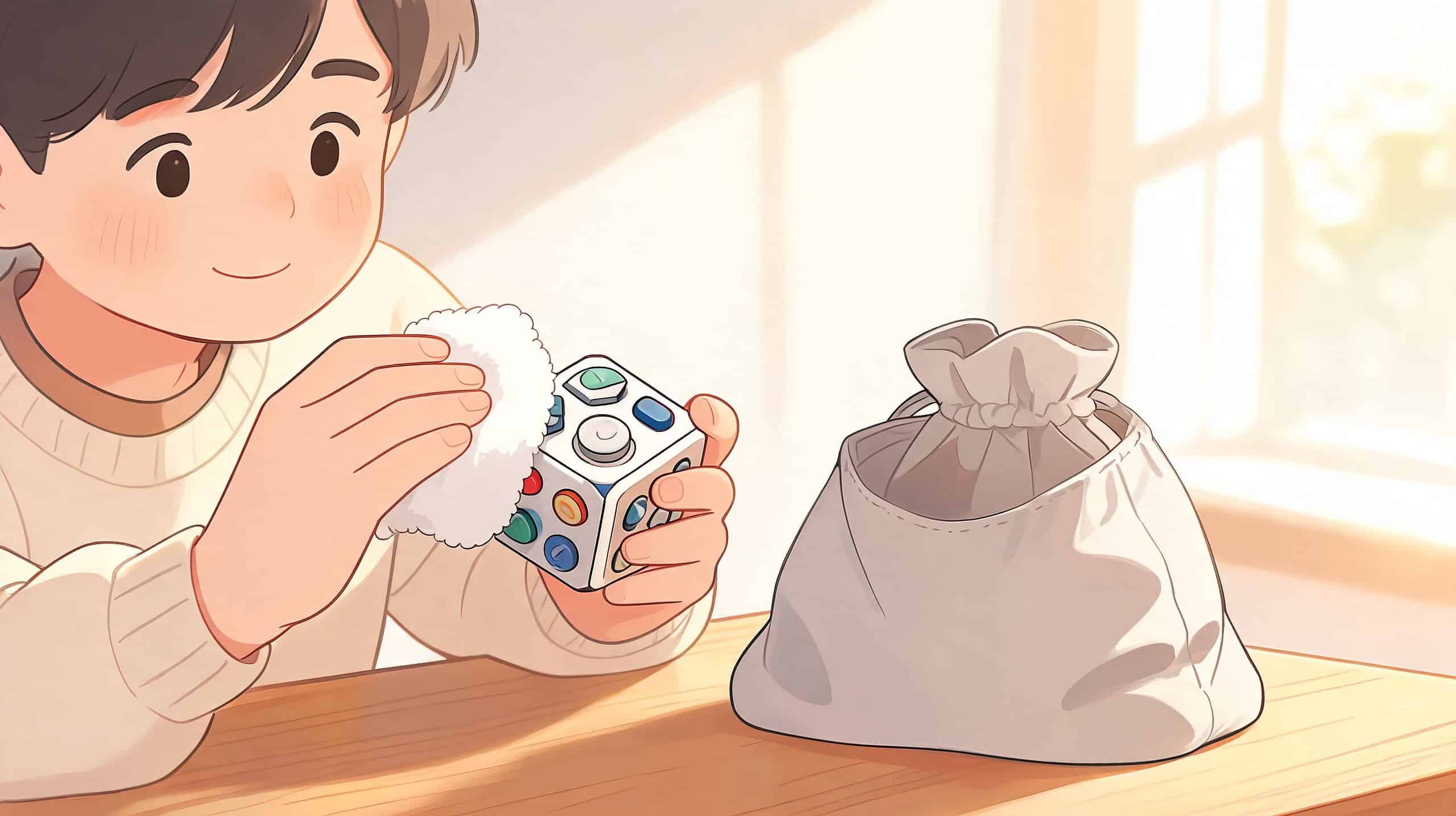 Een jongen zit aan een tafel en reinigt een kleurrijke fidget cube met een zacht wit doekje.
