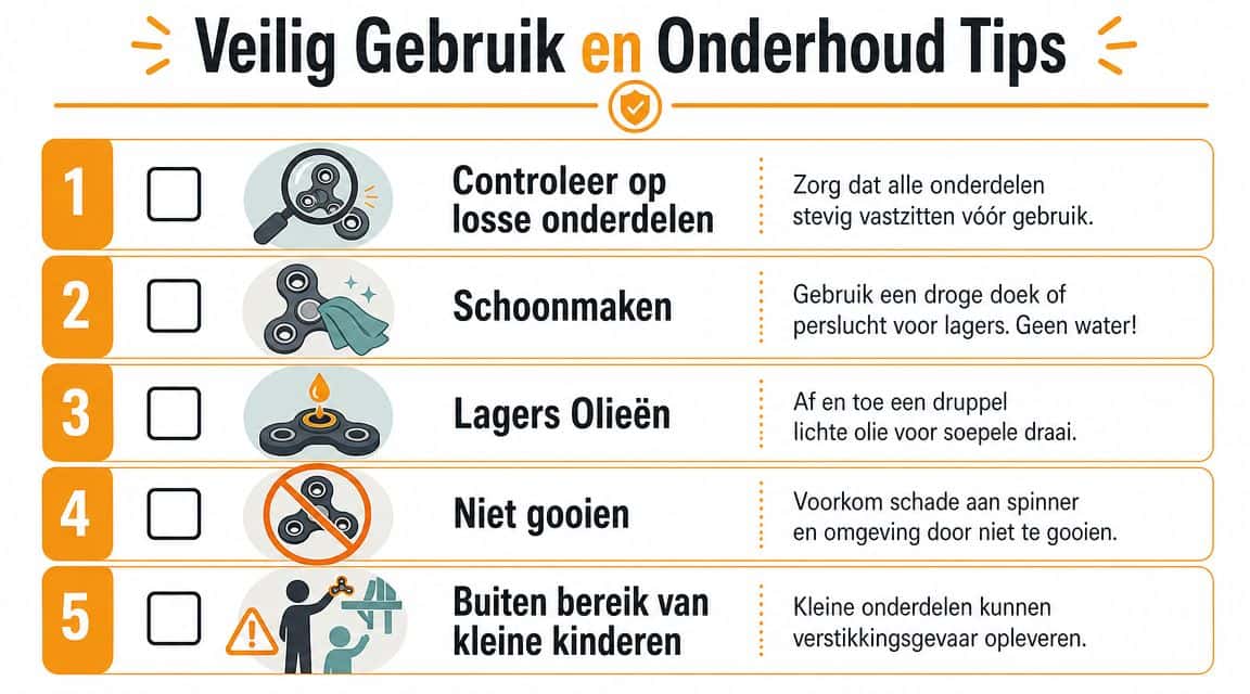 Een infographic met vijf veiligheids- en onderhoudstips voor het verantwoord en veilig gebruik van fidget spinners.