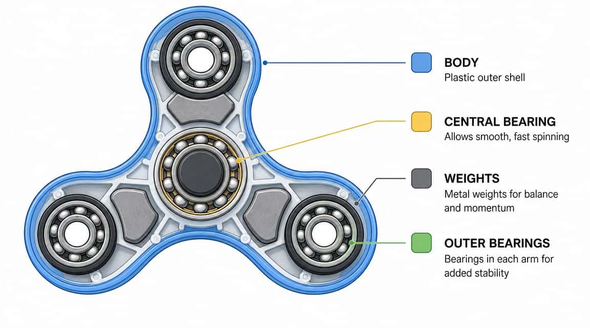 Een gedetailleerde illustratie van een fidget spinner met labels die de verschillende onderdelen en functies uitleggen.