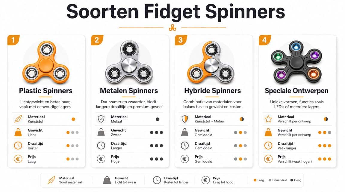 Een overzichtsafbeelding van vier verschillende soorten fidget spinners met uitleg over materiaal, gewicht, draaitijd en prijs.
