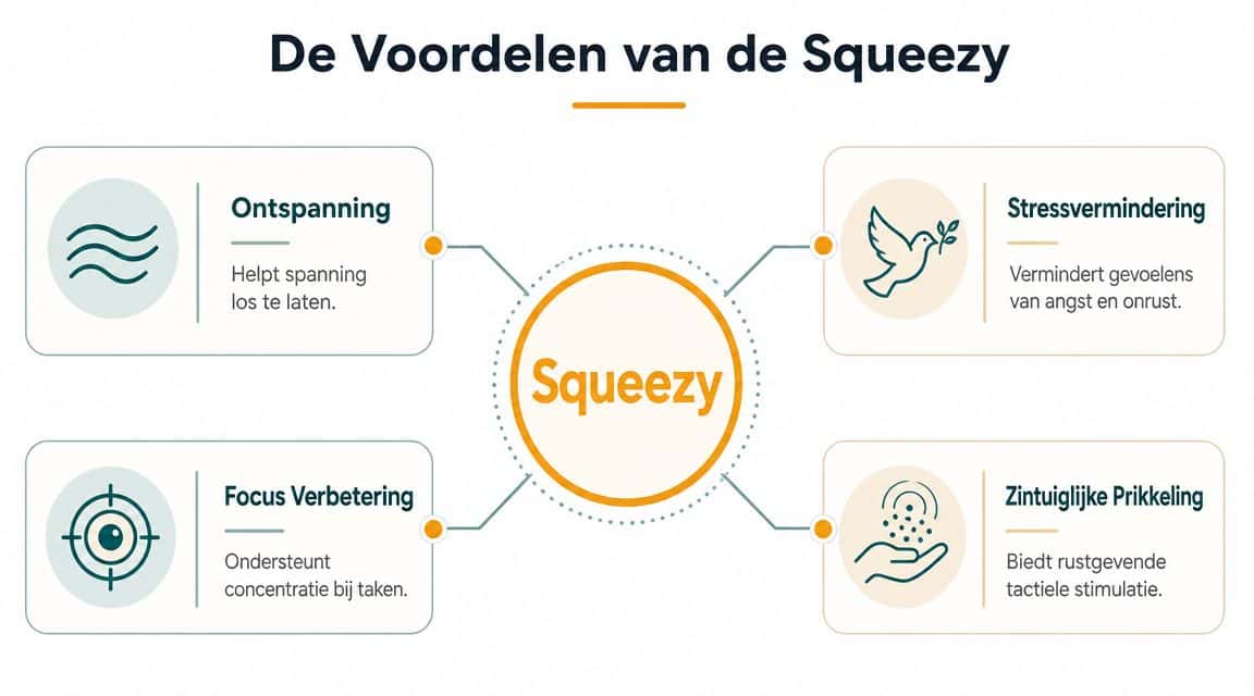 Een infographic die de voordelen van de Squeezy toont, waaronder ontspanning, stressvermindering, focus verbetering en zintuiglijke prikkeling.