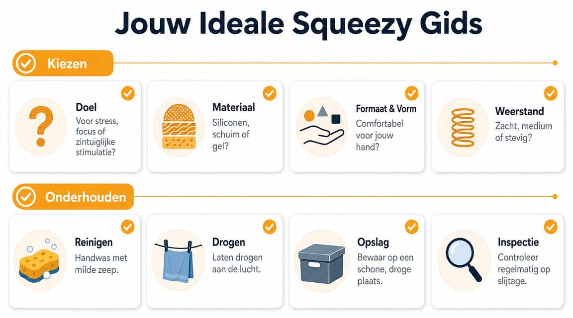 Een informatieve gids over het kiezen en onderhouden van squeezy stressverlichters, weergegeven in overzichtelijke stappen.