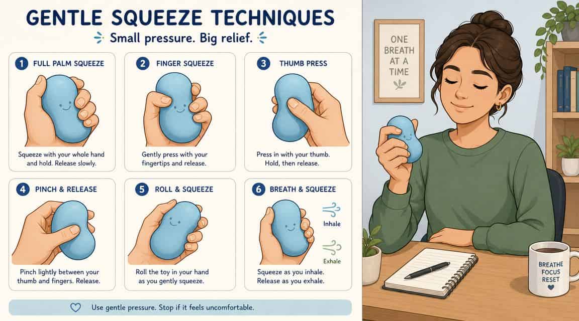 Een illustratie met zes zachte knijptechnieken voor stressvermindering met een blauw stressballetje voor ontspanning.