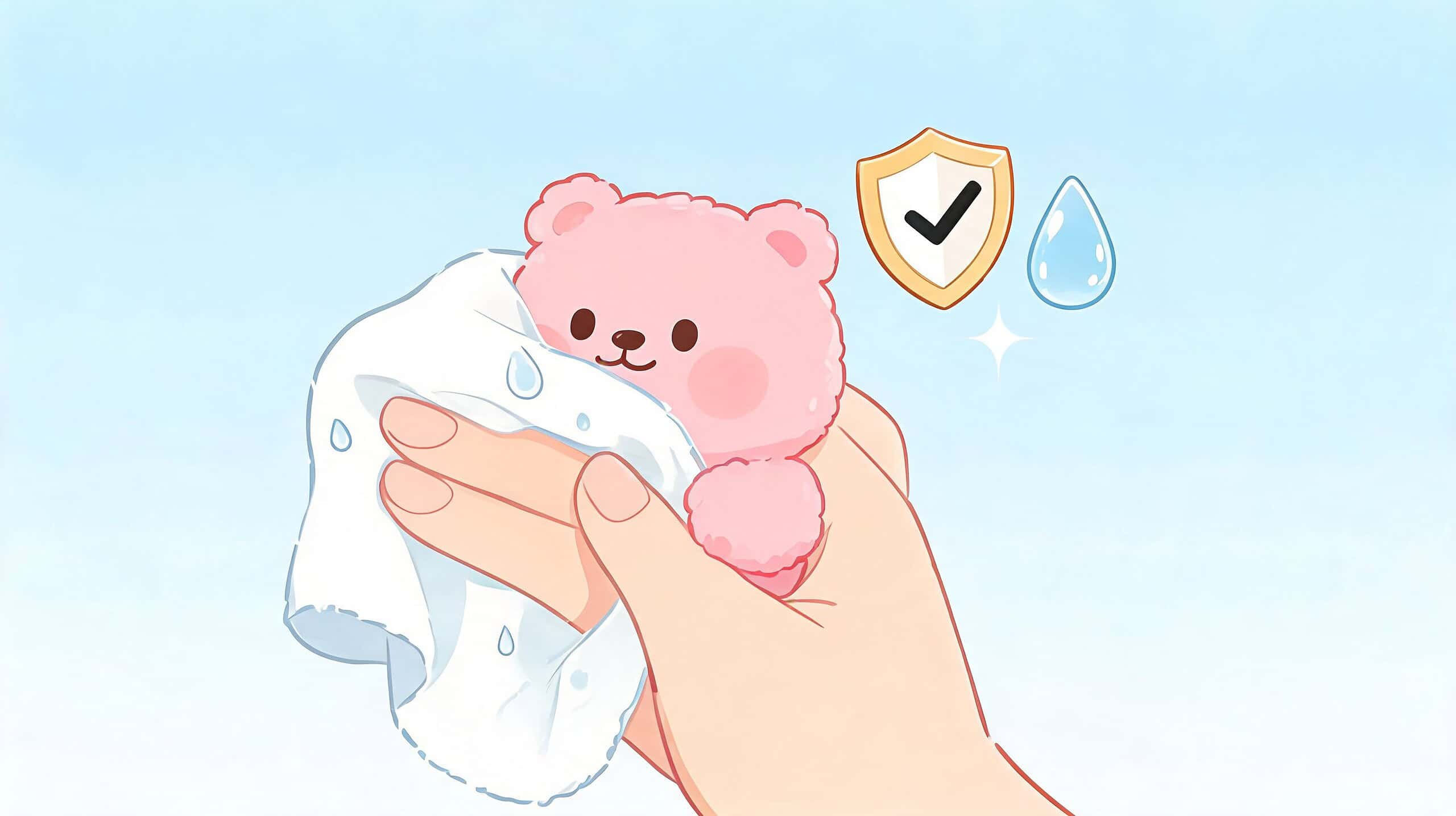 Een hand die een roze squishy beer afveegt met een wit doekje voor een hygiënische reiniging.