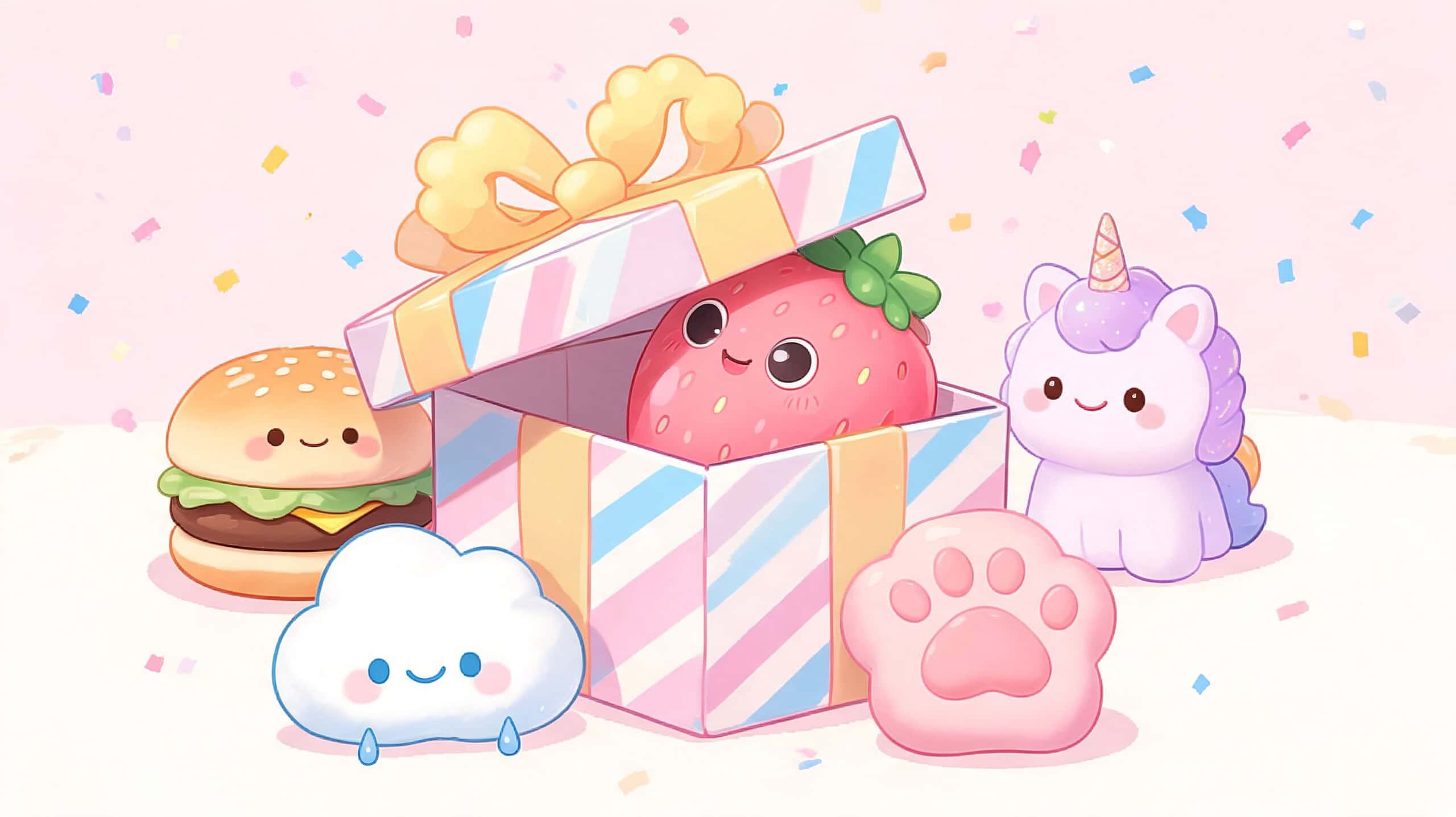 Een schattig cadeaupakket met een aardbei, een eenhoorn, een hamburger en een wolk op roze achtergrond