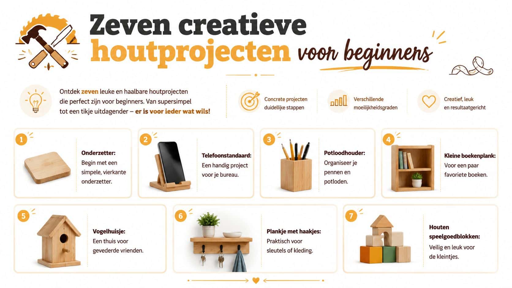 Een overzicht van zeven creatieve houtprojecten voor beginners met duidelijke illustraties en korte beschrijvingen van elk project.