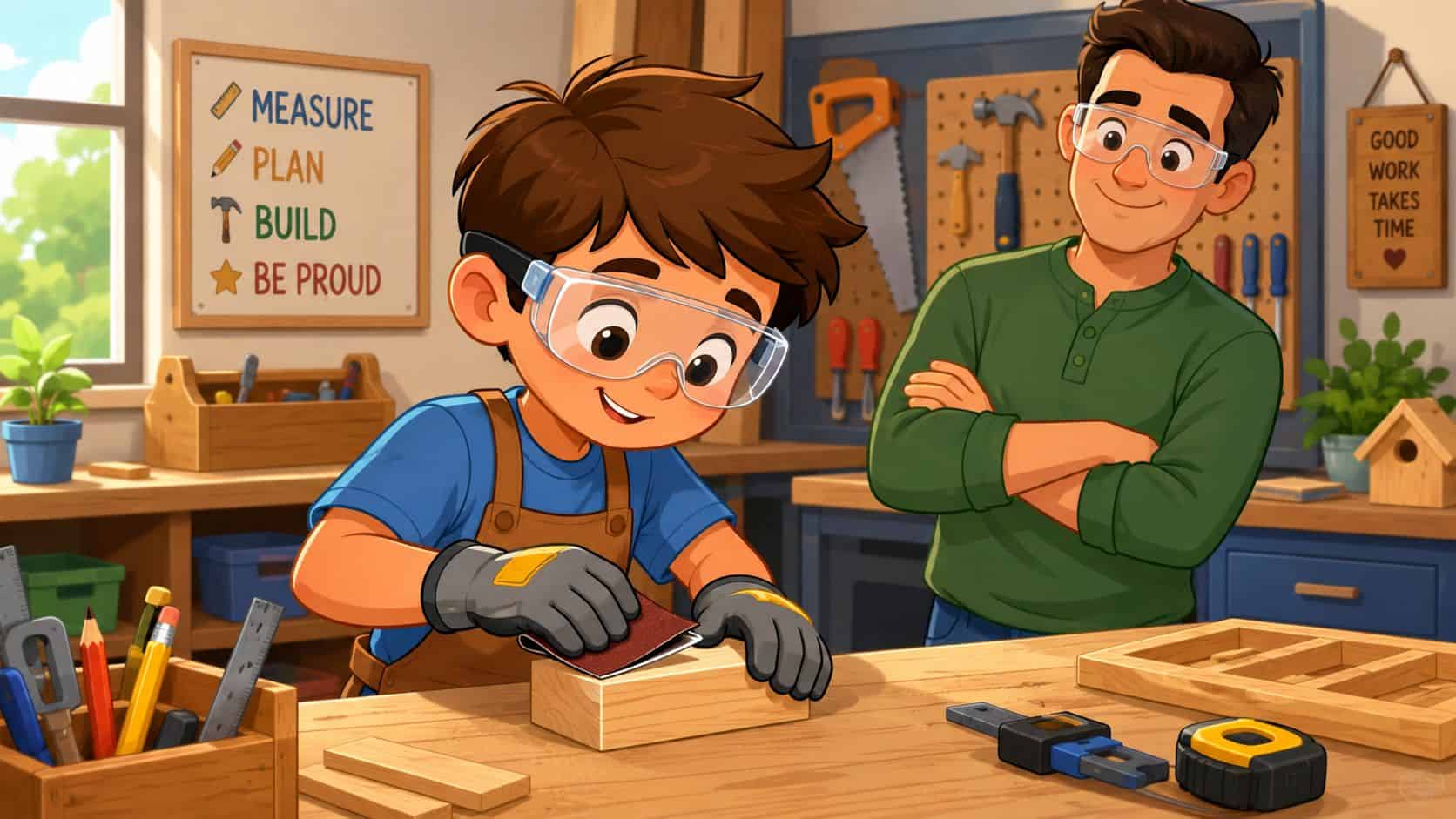 Een jongen en zijn vader werken samen aan een houten project in een goed uitgeruste werkplaats.
