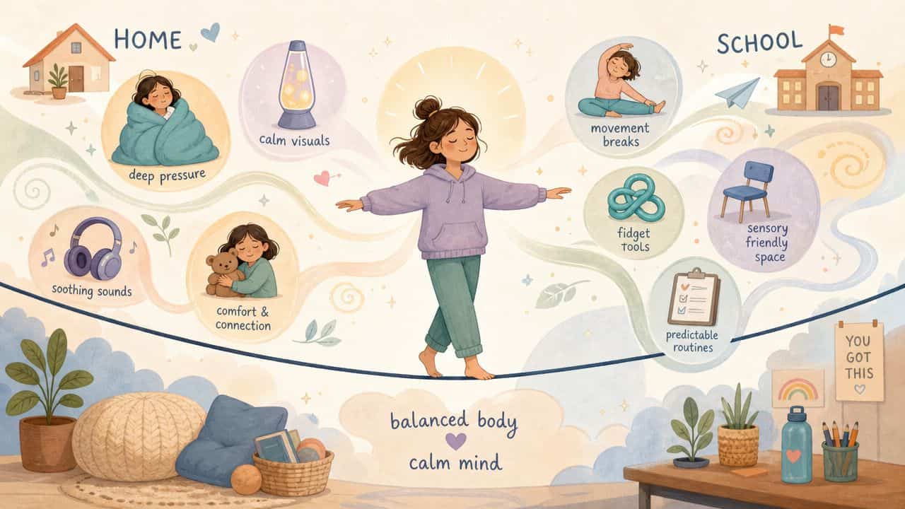 Een illustratie over sensorische prikkelverwerking toont strategieën voor balans tussen school en thuis voor een rustig kind.
