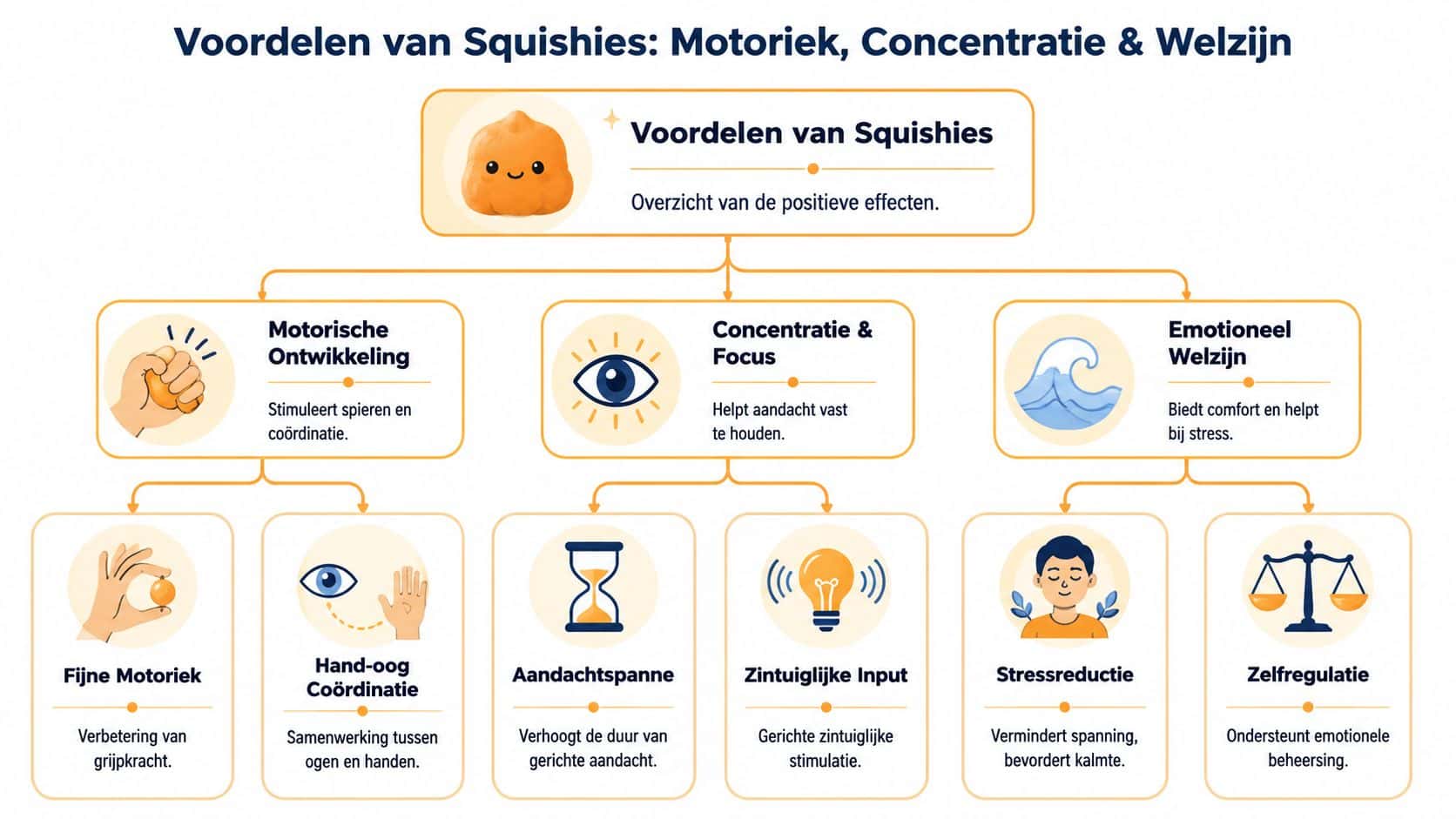 Een overzichtskaart die de voordelen van squishies voor motoriek, concentratie en emotioneel welzijn in kaart brengt.