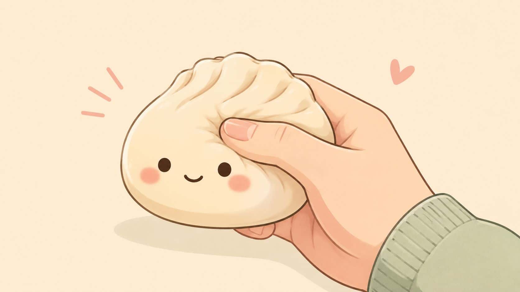 Een schattige illustratie van een hand die een zacht knuffelbaar knoedel-karakter met een vriendelijk gezicht vasthoudt.