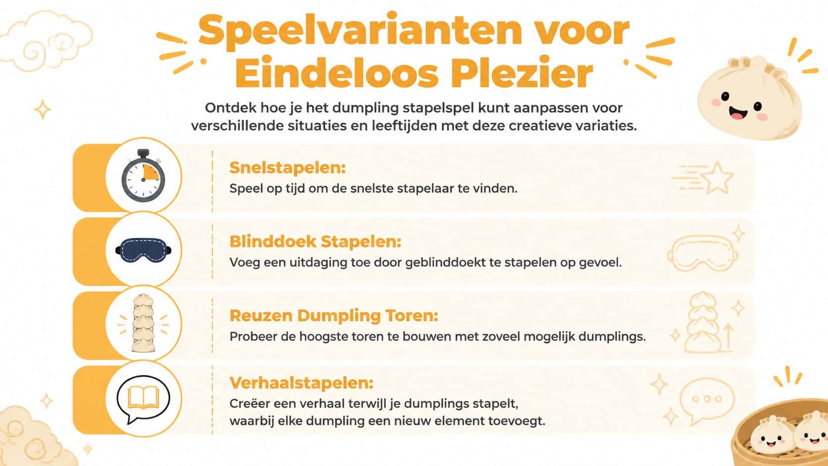 Een overzicht met vier creatieve manieren om het dumpling stapelspel te spelen voor eindeloos speelplezier.