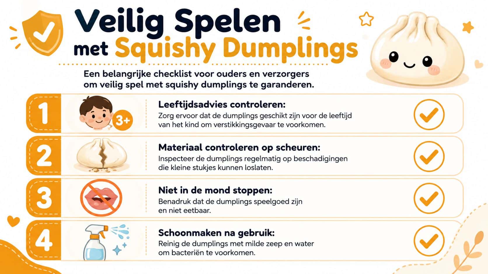 Een informatieve checklist met vier tips voor het veilig spelen met squishy dumplings voor kinderen.