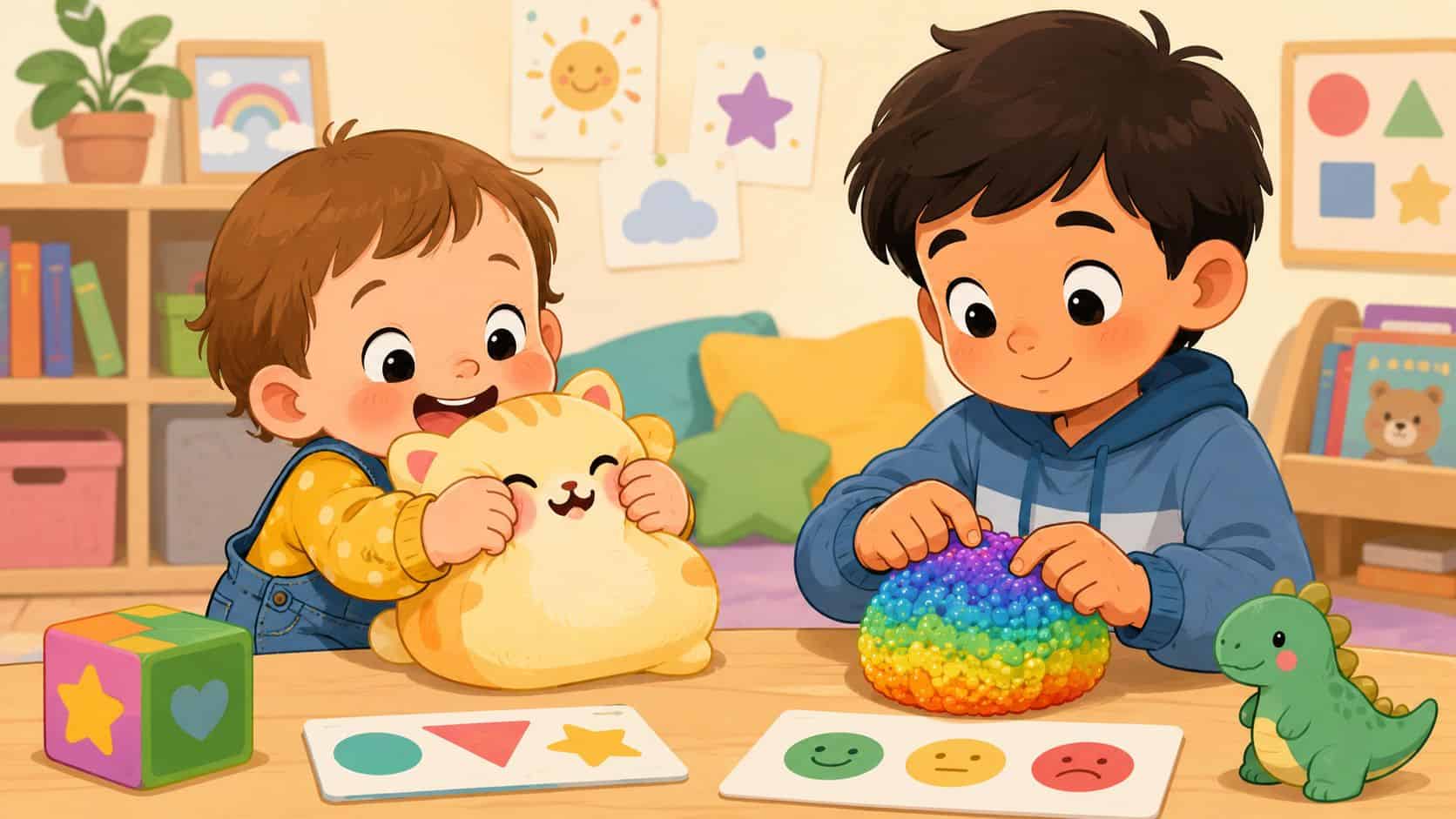 Twee vrolijke kinderen spelen samen met kleurrijk speelgoed aan een houten tafel in een gezellige kamer.