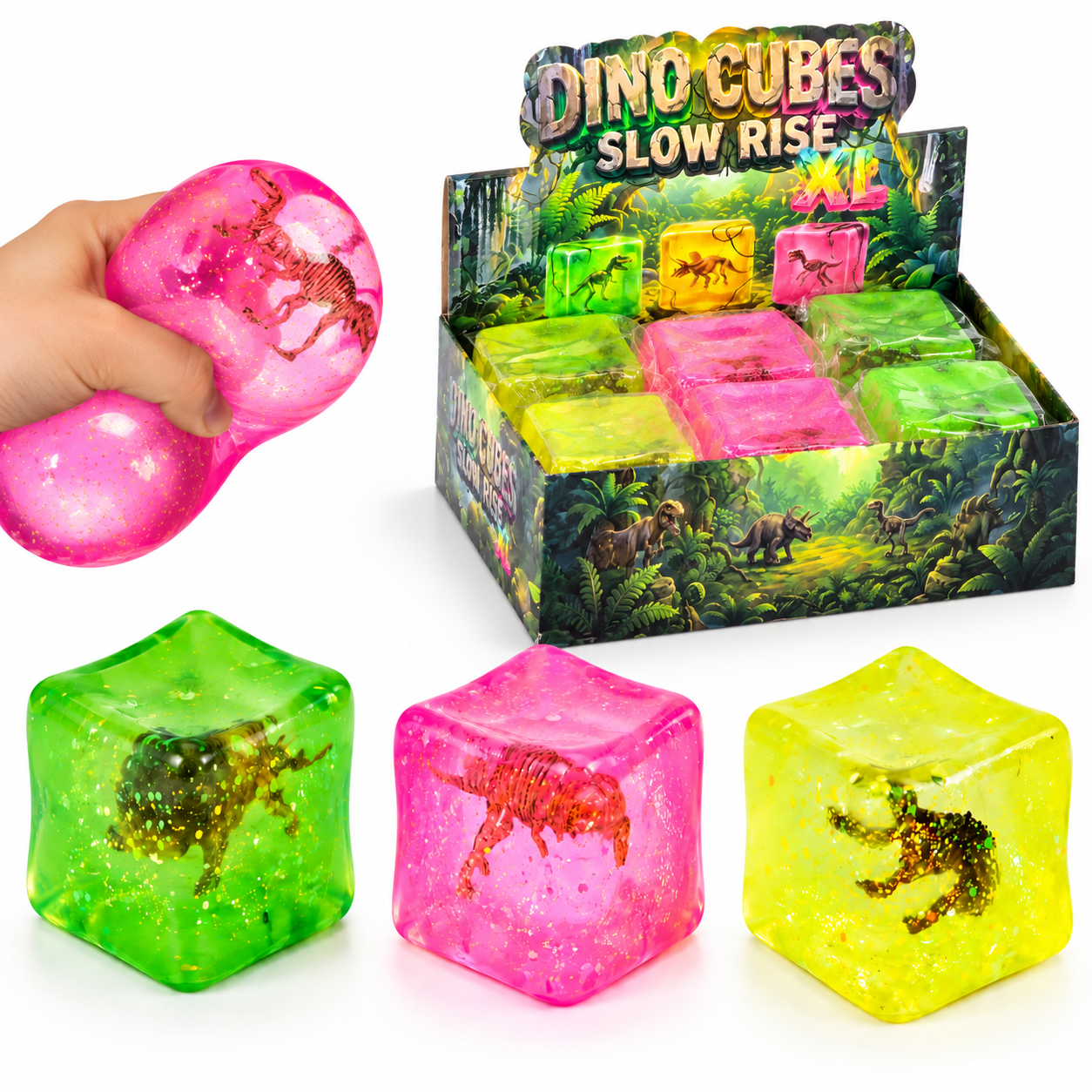 Squishy Cube Dino – Zachte Stressbal Fidget Toy – Slow Rising – Kleuren assortiment - Afbeelding 4