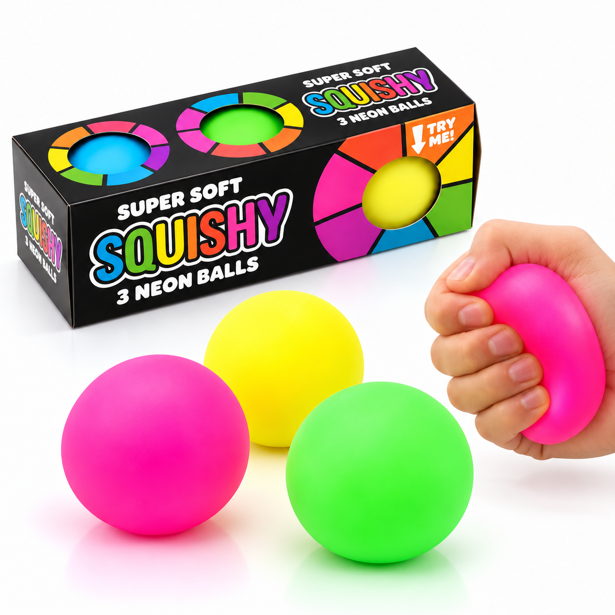 3 stuks - Squishy Neon Bal– Zachte Stressbal Fidget Toy – Kleuren assortiment - Afbeelding 3