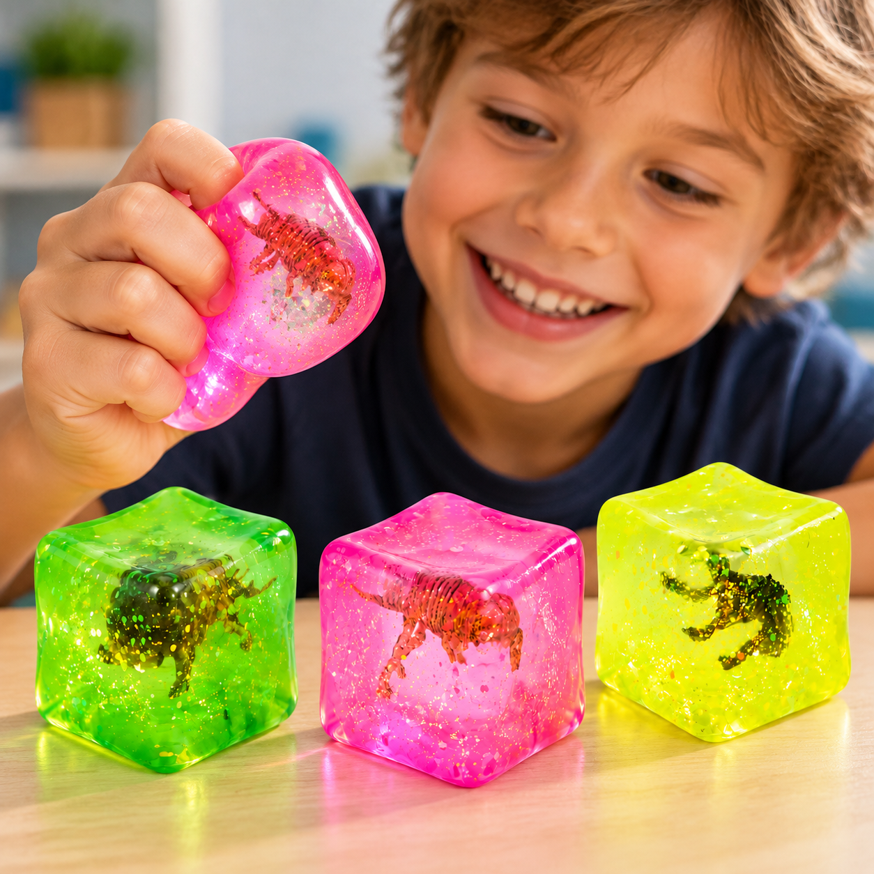 Squishy Cube Dino – Zachte Stressbal Fidget Toy – Slow Rising – Kleuren assortiment - Afbeelding 6
