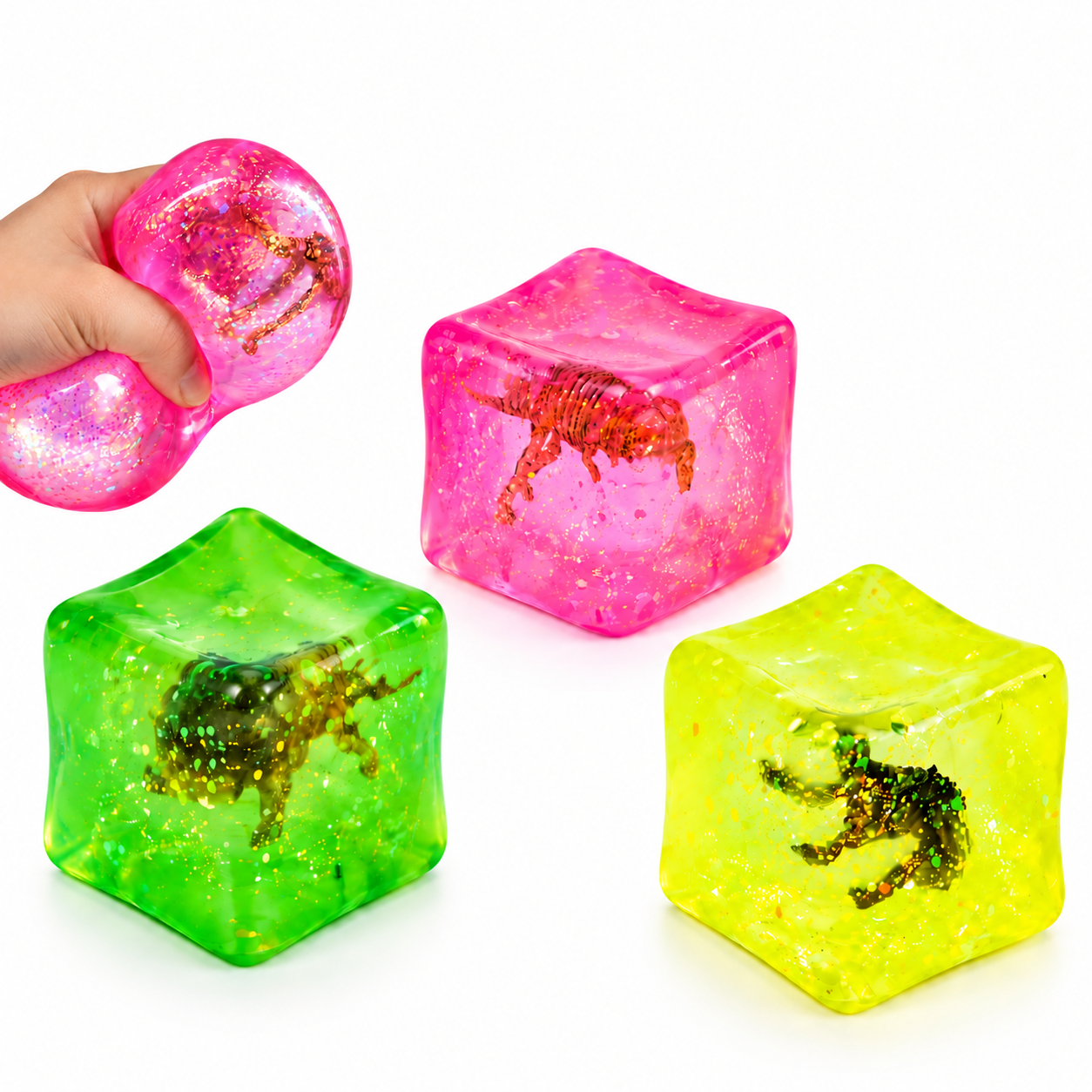 Squishy Cube Dino – Zachte Stressbal Fidget Toy – Slow Rising – Kleuren assortiment