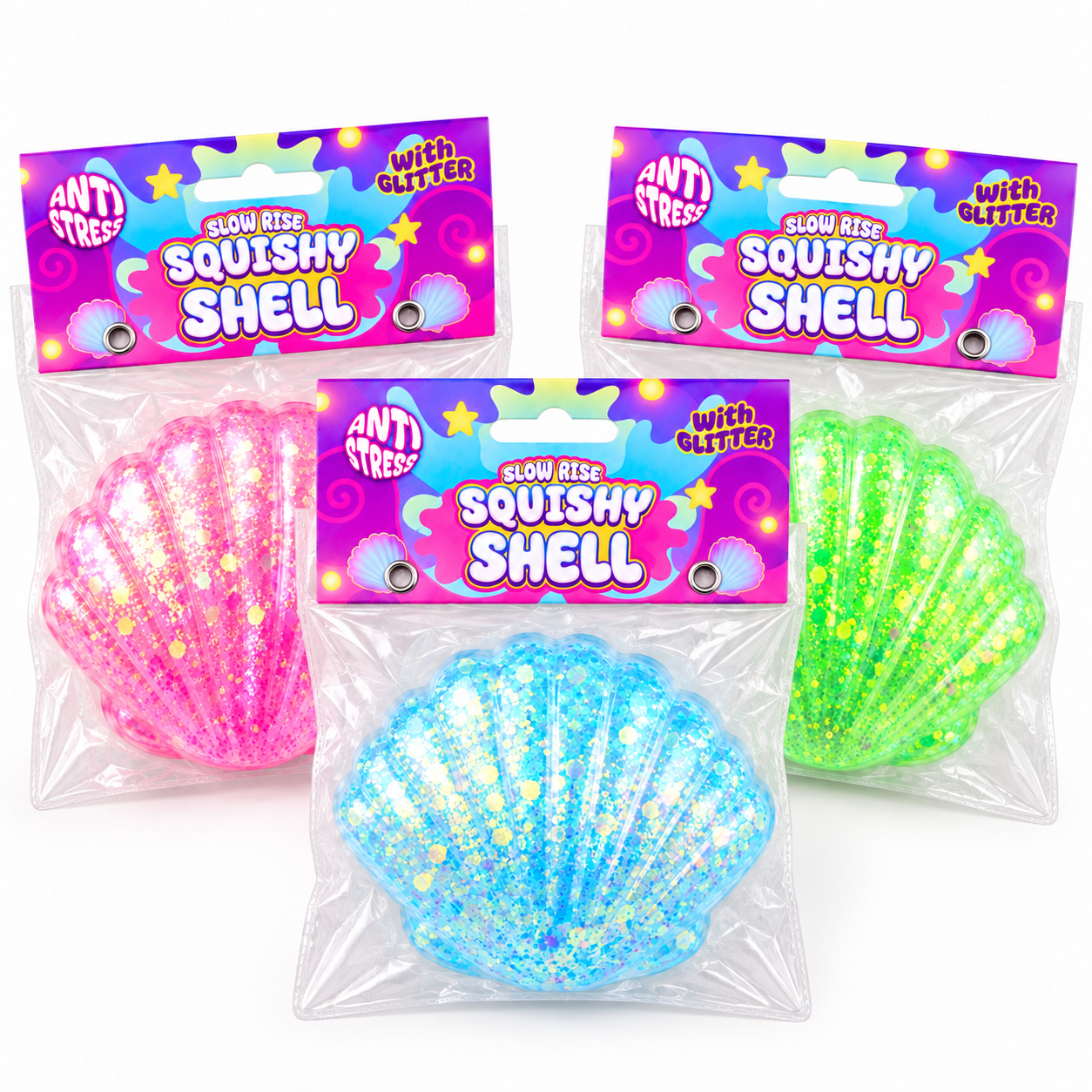 Shell Squishy – Zachte Stressbal Fidget Toy – Slow Rising – Kleuren assortiment - Afbeelding 3